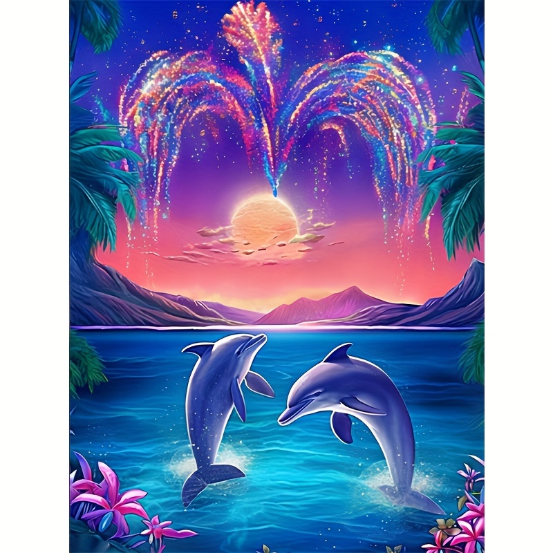 

Seascape Fireworks Dolphin Diamond Art Painting Kit 5d Diamond Art Set Painting With Diamond Gems, Arts And Crafts For Home Wall Decor