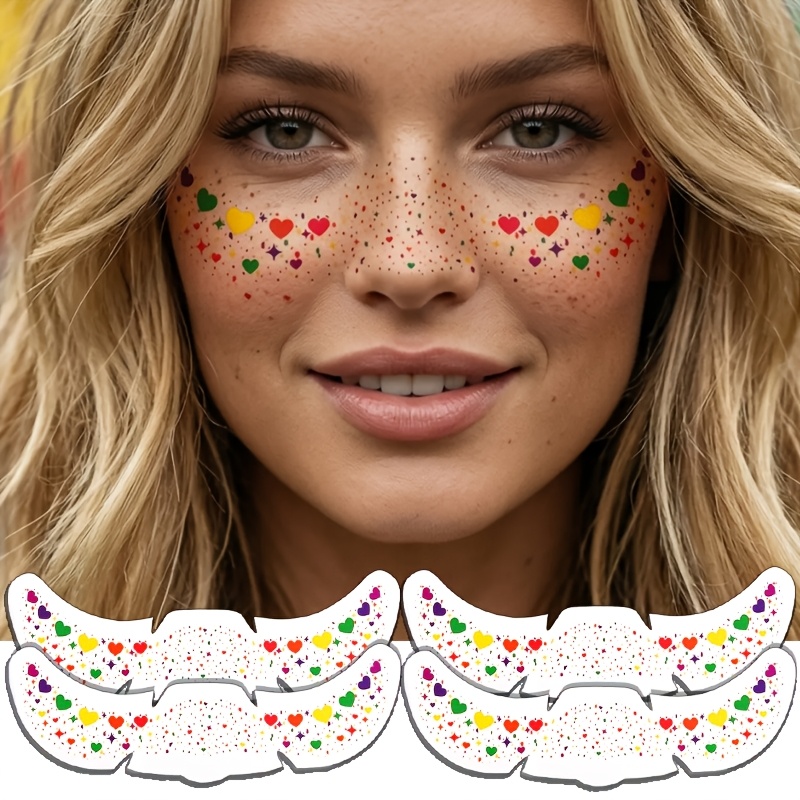 Image of 4 Sheets Temporary Tattoo Face Stickers Suitable For Women & - Waterproof Sweatproof Freckles, Hearts & Dot Body For Rave, Pride Parties, Festivals, Makeup, Long-lasting Transient Tattoos