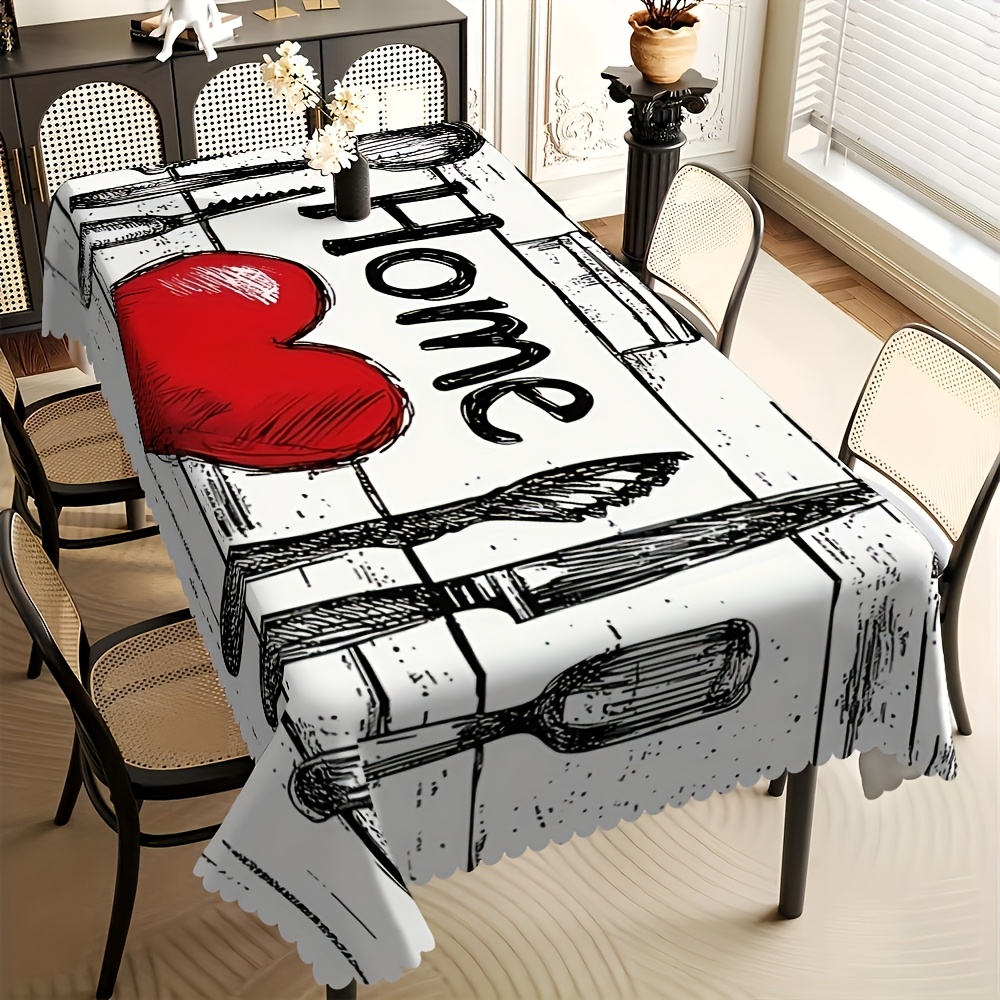 TEMU 1pc "the Kitchen Is Of The Home" Design Rectangular Polyester Tablecloth With Scalloped Edge Polyester Fiber, Suitable For Family Restaurants,