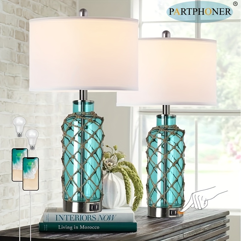 

Cottage Nautical Accent Table Lamp Set Of 2, Green Glass Rope Net Bedside Lamp With 2 Usb , 3-way Dimmable Nightstand Lamps With For Living Room, Bedroom