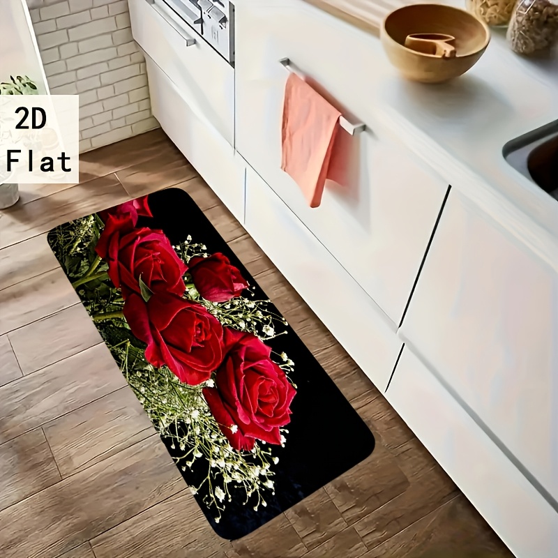 Jit1pc Thick 1.1cm Kitchen Mat, Red Rose Mat, Extra Thick, Wear-resistant, Beautifying, Suitable For Kitchen, Living Room, Porch, Balcony, And Home Decor