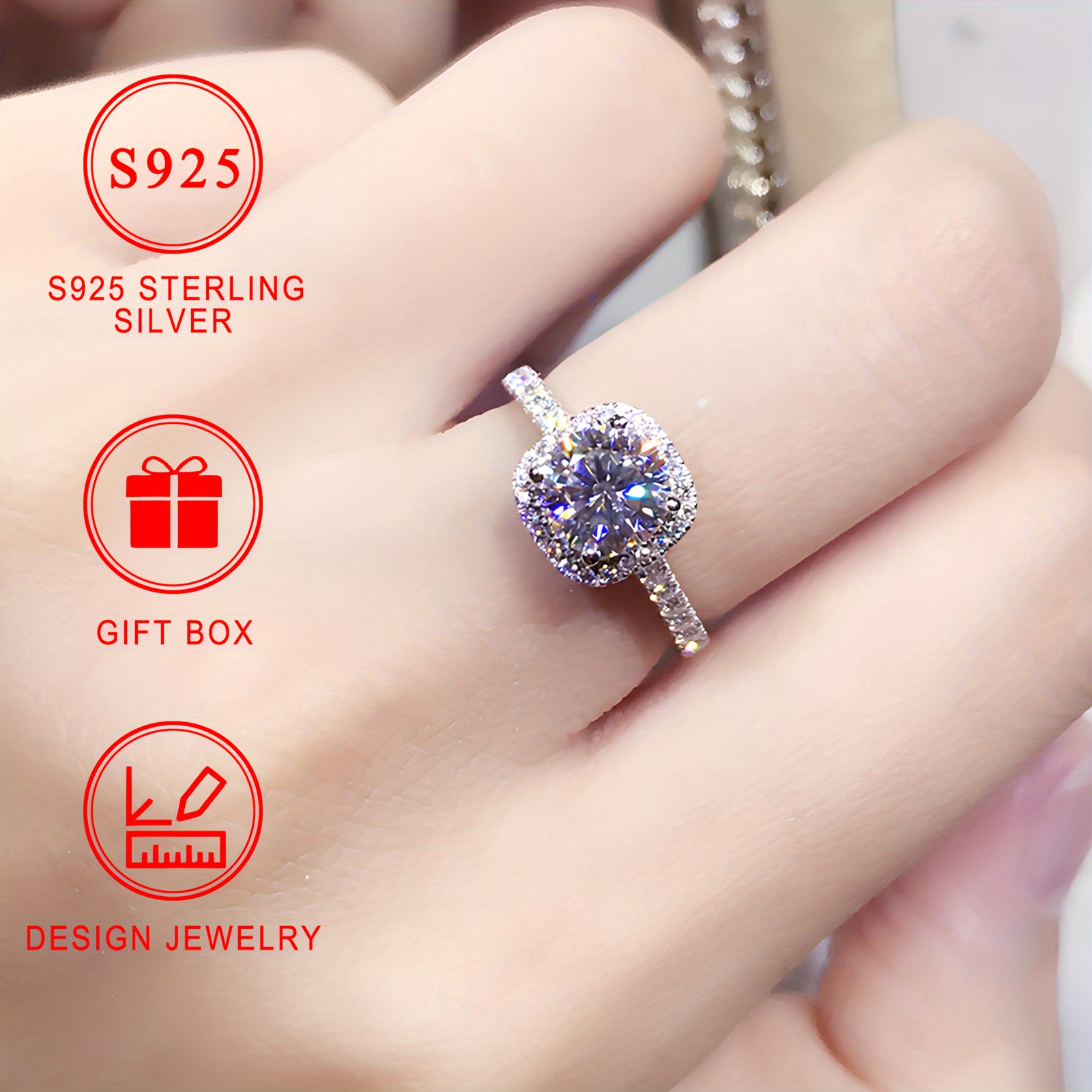 925 Silver CZ Engagement Ring, 4-Prong Setting, No Plating
