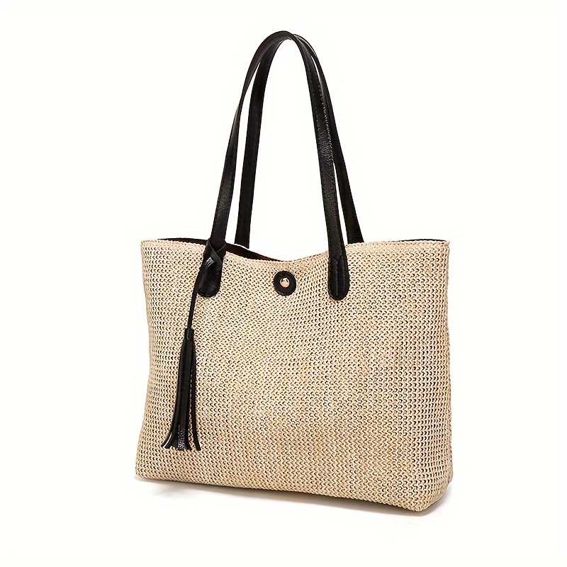 

Women's Summer Vintage Khaki Straw Woven Tote Bag - Casual Beach Handbag With Tassel Decor