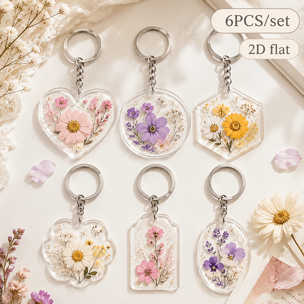 TEMU Porte-clés plat 2D, 6 pièces, esthétique, transparent, en acrylique , breloque de sac, décoration de plante multi-, pendentif cadeau pour clé de