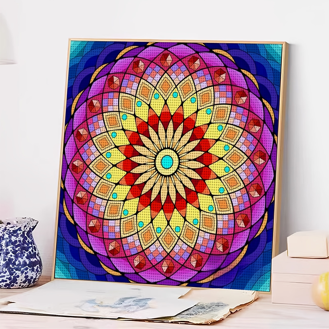 DIY Cross Stitch Print Kit, Frameless Colorful Symmetrical Mandala Pattern