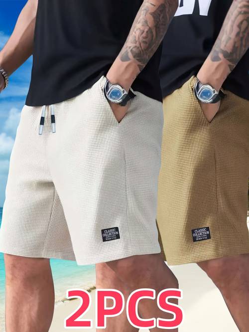 2 pc mens textured casual shorts drawstring waistband lightweight polyester fabric casual wear beach or outdoor activities pocket drawstring waist shorts lightweight shorts