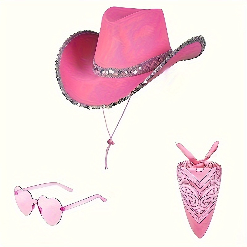 

3pcs Set Black Curling Silver Edge Cowboy Hat Party Decoration Glasses Square Scarf Bridal Party Set Pink Set White Cowboy Hat With Hat Holder Fixed