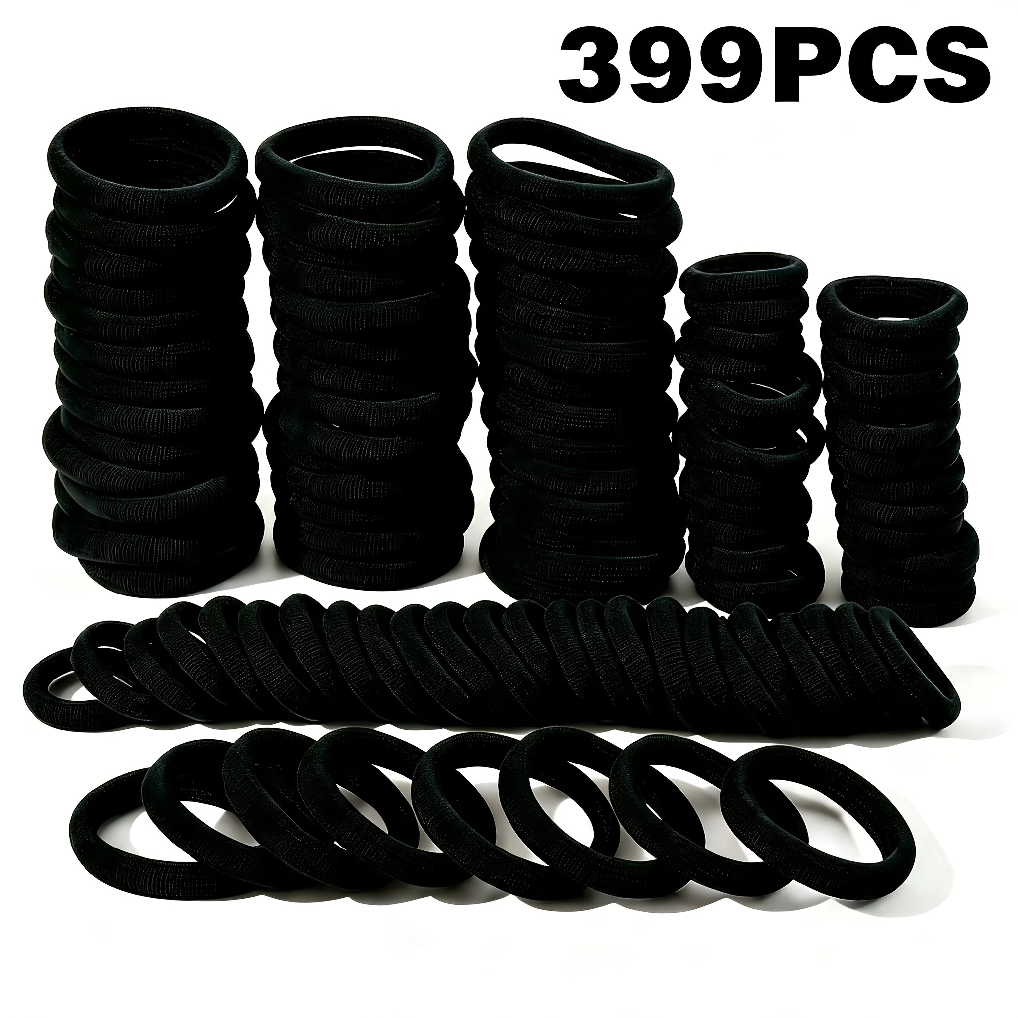 TEMU 399pcs Pack Of Large Capacity Set Black Fabric Hair Ties High Elasticity Anti-slip Non-damaging Hair Bands For Daily Ponytails Style Multi-piece