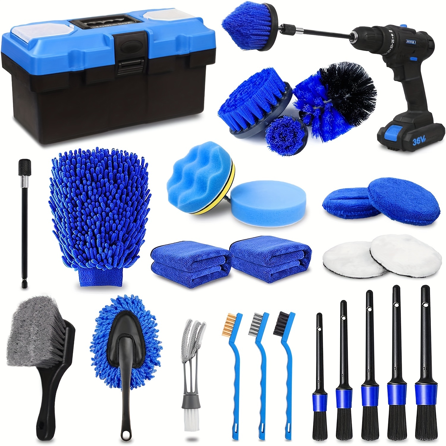 

27pcs Facoow Car Detailing Kit With Drill Brushes & Accessories - Microfiber Cleaning Cloths, Foam , And Sponges For Interior, Exterior, Wheels - Set In Storage Box