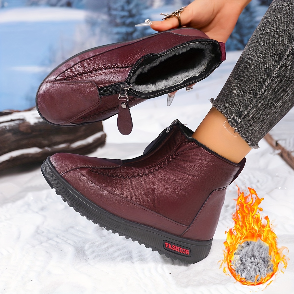 Women's Winter Boots Zipper Closure, Slip-Resistant PVC Sole, Burgundy  Synthetic Cover Shoes for Cold Weather, Warm Thermal Ideal for Walking, 