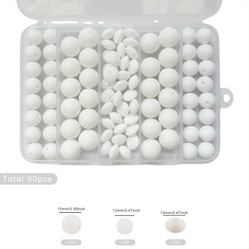 A Box Containing 90 Solid Silicone Beads, Each Measuring 12 Or 15mm, Perfect For Handmade Jewelry Like Bracelets
