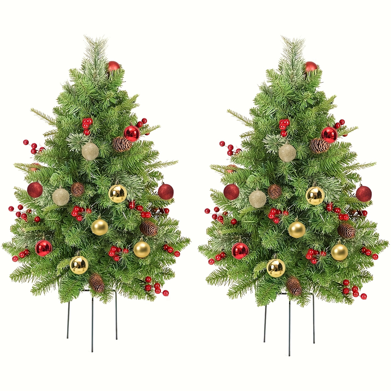 TEMU 2 Set 30 Inch Outdoor Christmas Tree, Led Christmas Porch Decorations Outdoor Tree, 300 Branch Tips , Pinecones, Red Berries, Red Balls And