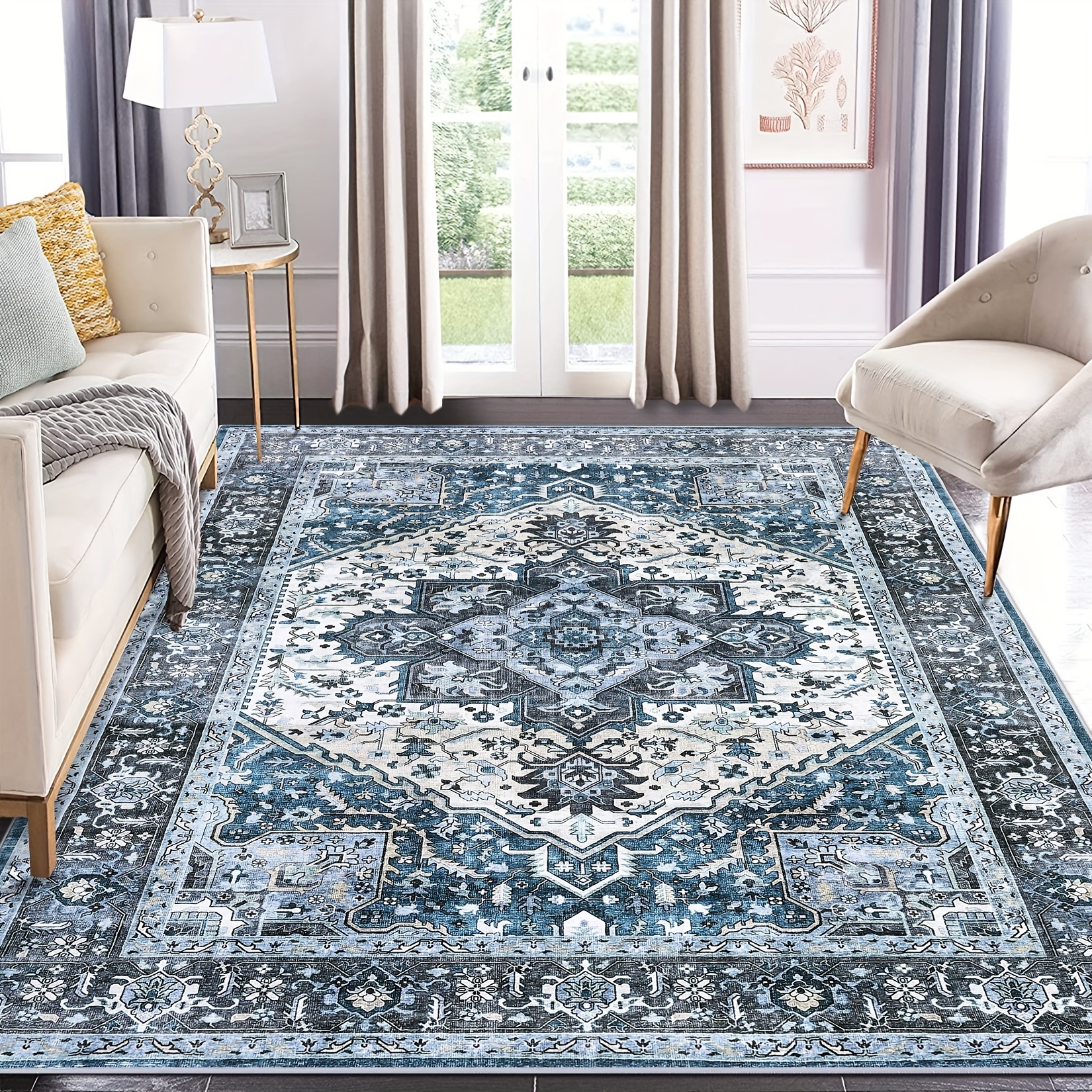 

1 Pc Vintage Living Room Rugs Distressed Medallion Area Rug For Bedroom Rug Oriental Office Rug Neutral Throw Rugs Boho Rug Farmhouse Rug, Blue/grey