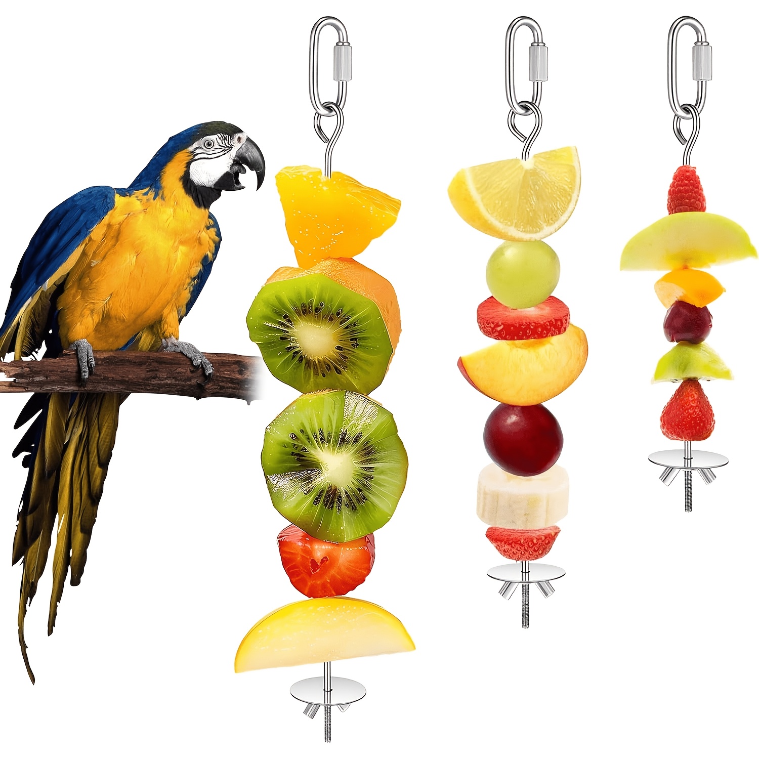 TEMU 3pcs Bird Fruit String Foraging Toy Set, /m/l 3 Sizes. The Set Includes A Stainless Steel Parrot-specific Food Rack And A Reusable Fruit And