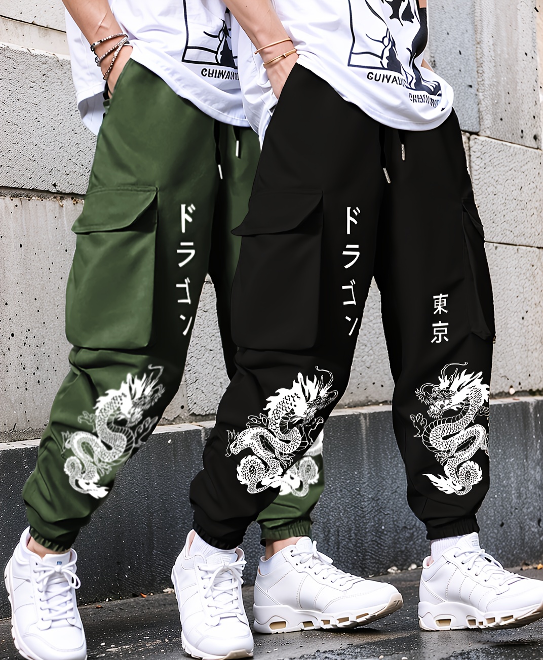 2pcs set Men's printed flower casual large pocket overalls elastic waist drawstring pants for spring and autumn season, for Autumn, Spring