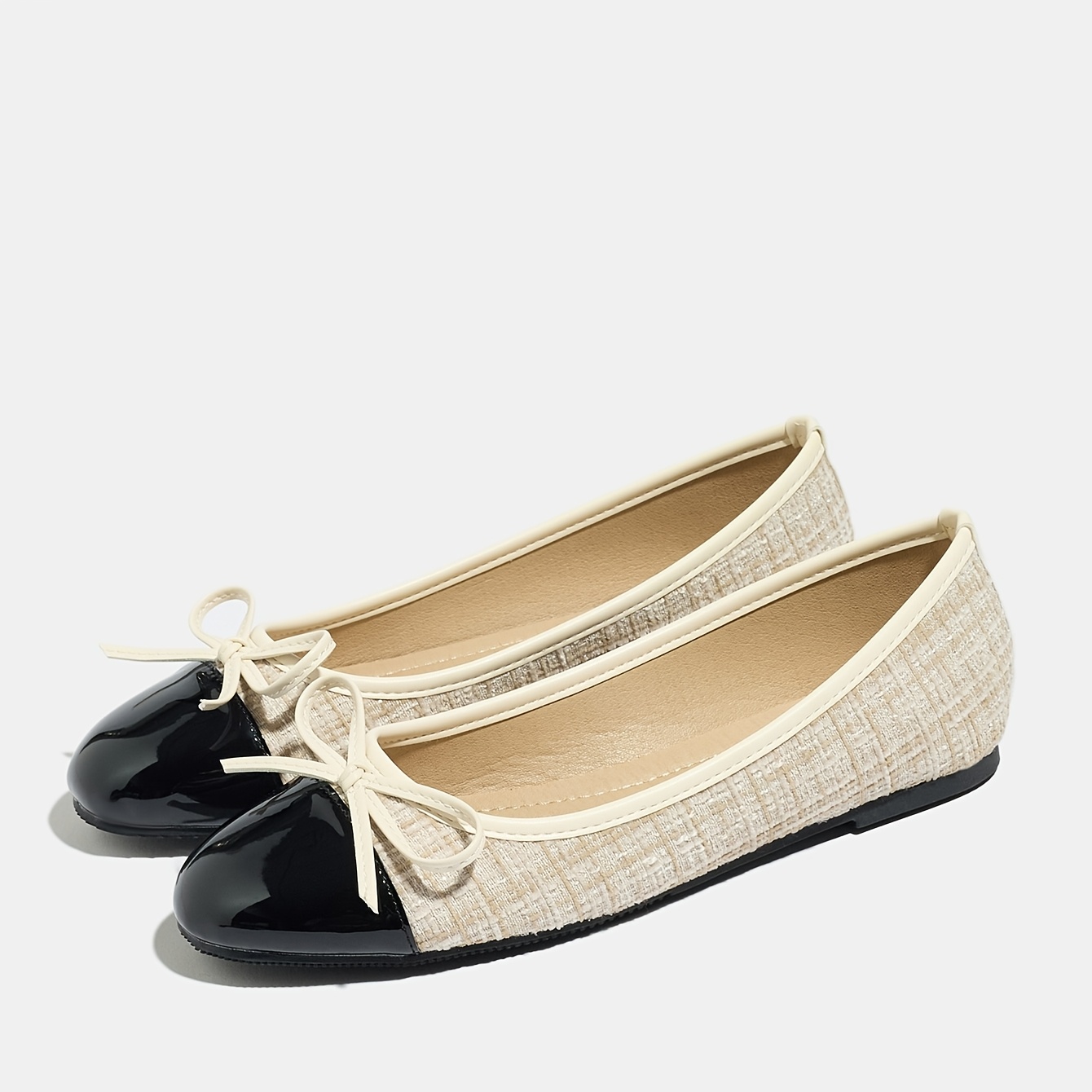 TEMU Elegant Women Shoes Shoes Plus Size Women's Fashion Black Apricot Color Block Flats 2026 Spring New Temperament All-match Soft Sole Bow Apricot