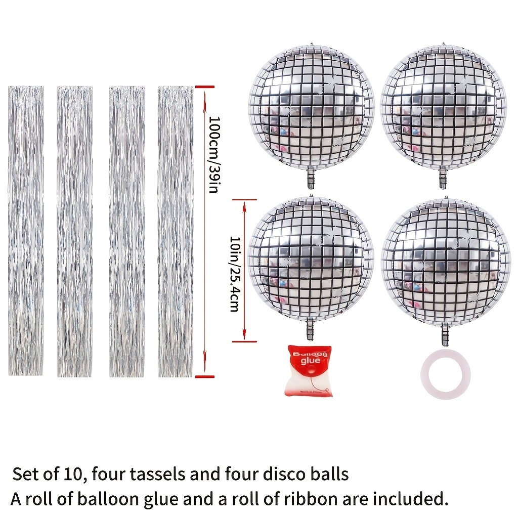 TEMU 10pcs Disco Ball Balloon Set With Silvery Tassels, 4d Mirror Metallic Foil Balloons, Hanging Party Decoration Accessories For Themed, Birthday,