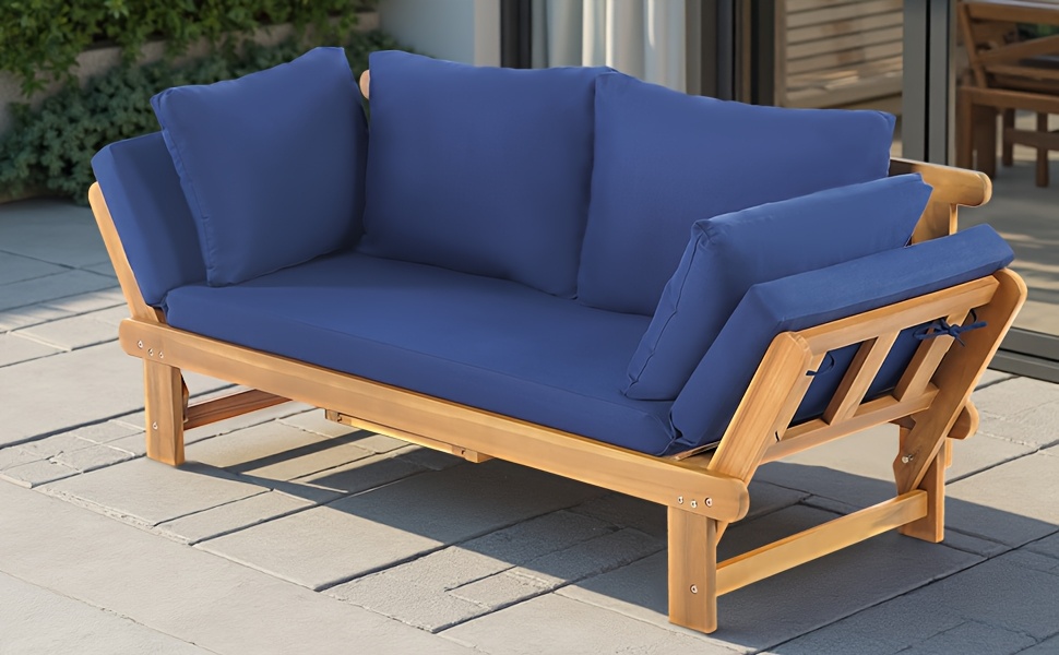 Outdoor Seating Arrangement Featuring a Wooden Sofa Bed with Adjustable Settings, Complete with Plush Cushions, Ideal for Two Individuals, Perfect for Small Spaces Like Balconies, Backyards, Or by The Pool