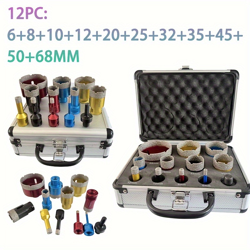 

12pc Diamond Core Drill Bit Set For Marble, Ceramic, Granite, Stone & Concrete - Metal With Non-electric Manual Use - Sizes 6mm-68mm With M14 Threaded Connection & Adapter