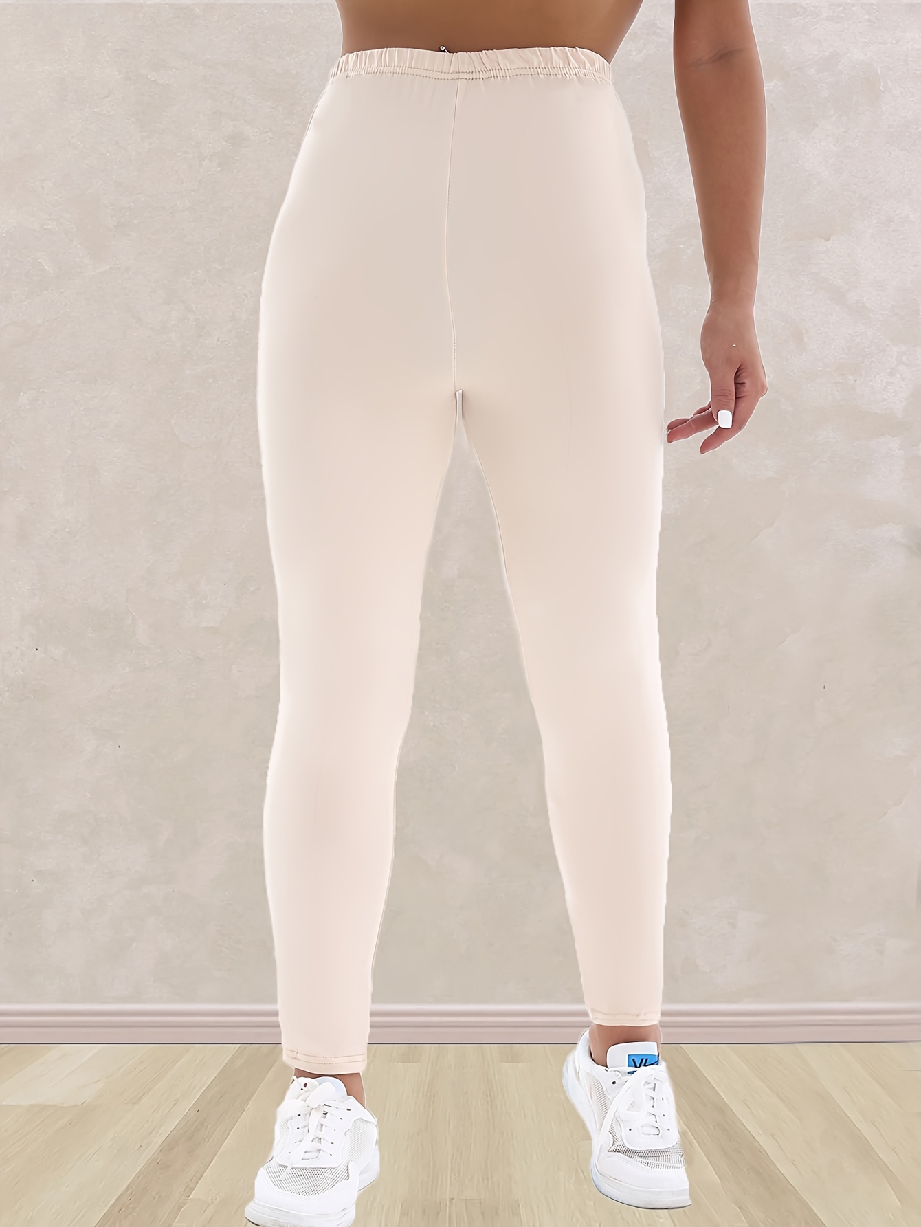 Plus Size, Plus Size Women's High-Waisted Leggings - 4-Way Stretch Elastic Waistband, Solid Black 7/8 Length Pants for, Casual & All-Season Wear - Machine Washable Apparel, Leggings, Versatile Clothing, Highelastic Waistband
