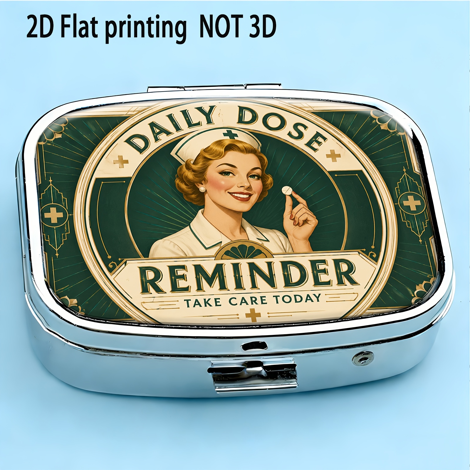 TEMU 1pc Square Pill Box/vintage Nurse Figure Pattern, Uv Printed, Style/2d Flat Printing/pocket Pill Box/press-type Jewelry Box/two-compartment