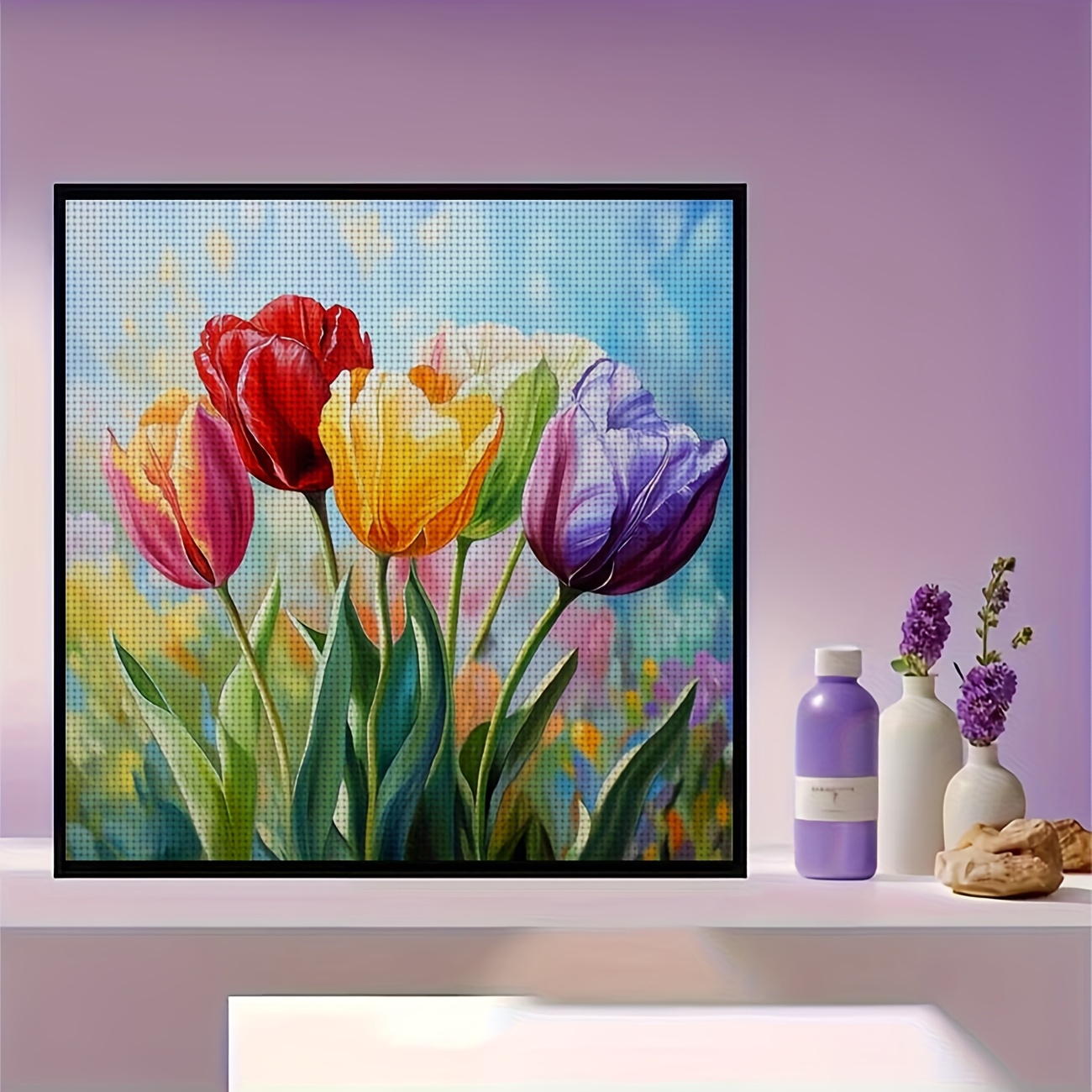 DIY Cross Stitch Print Kit, Frameless, Colorful Tulips Design