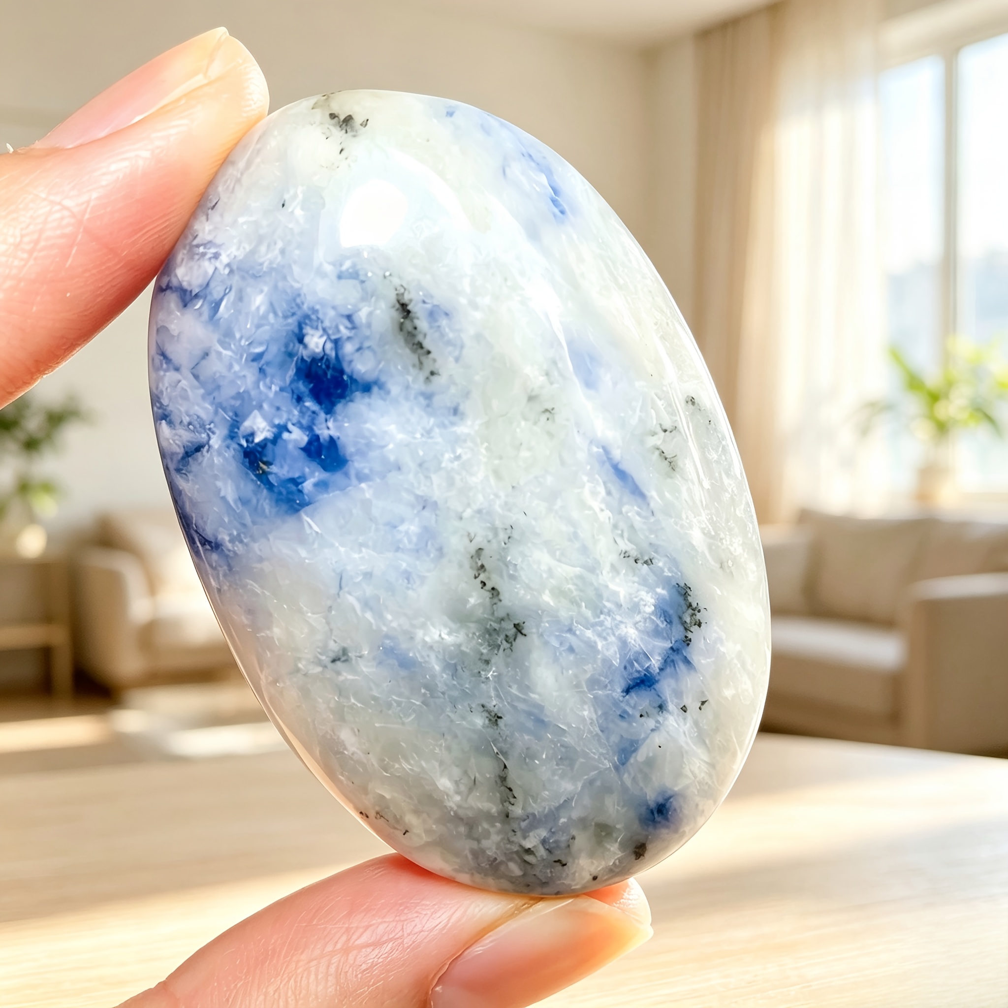 Random Polished Smooth Sodalite Palm Stone, Natural Blue White Decor
