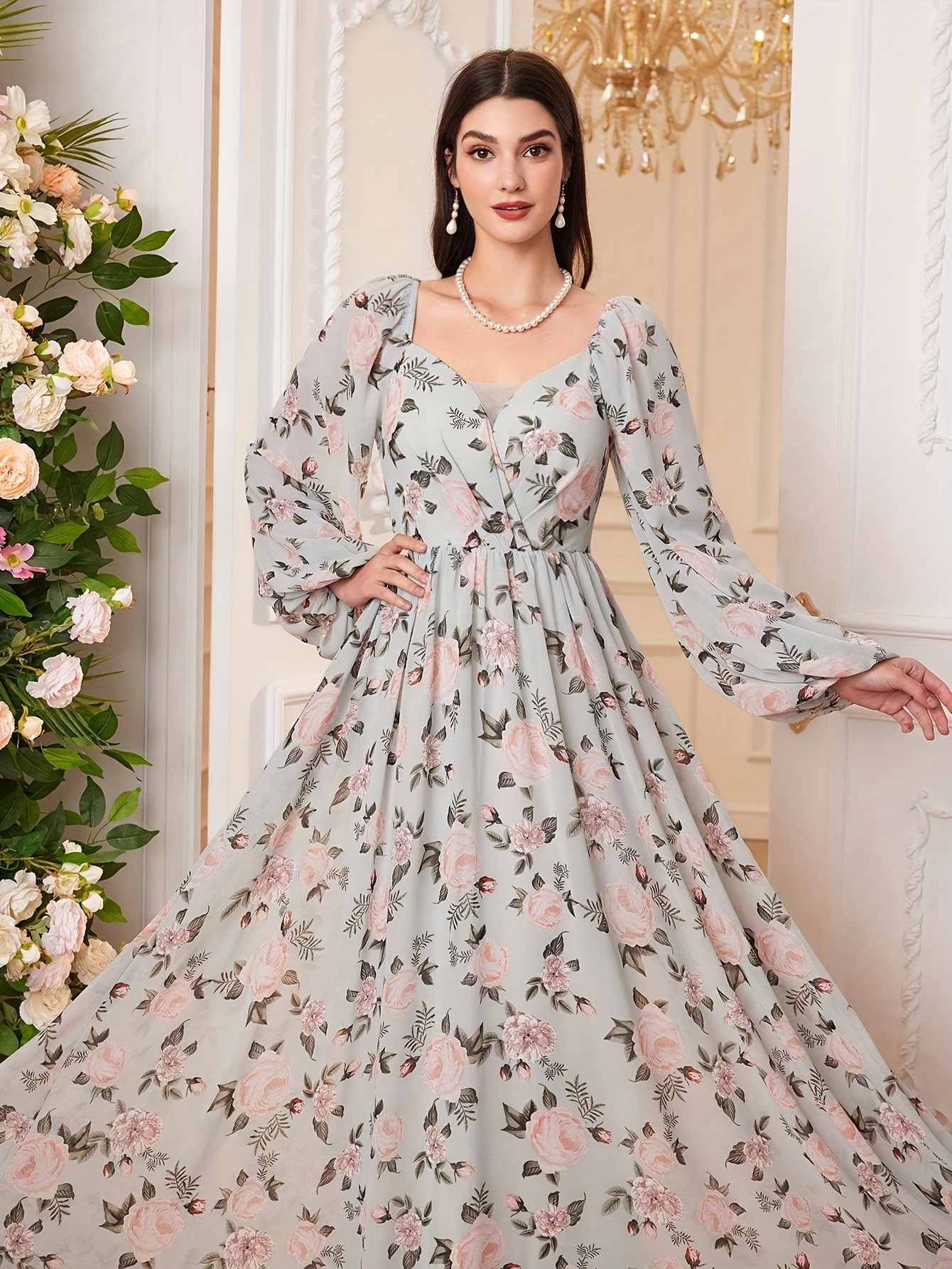 chinese dress ladies Berylove Women Light Green V Neck Pleated Maxi Dress A Line Long Sleeve Floral Wedding Guest Dress with Slit, Light Green / S