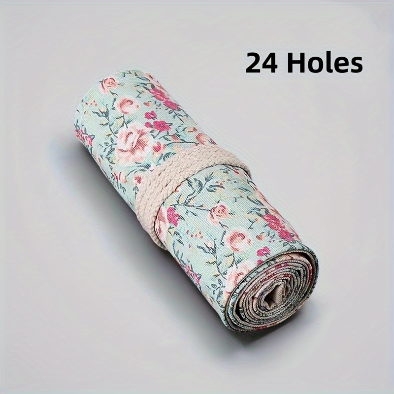 E-shop Handgefertigte Leinwand-Kunst-Stifte-Rolle mit kreativem Rosen-Druck, 12/24/36/48-Fach, aufrollbarer Federmäppchen mit großem Fassungsvermögen