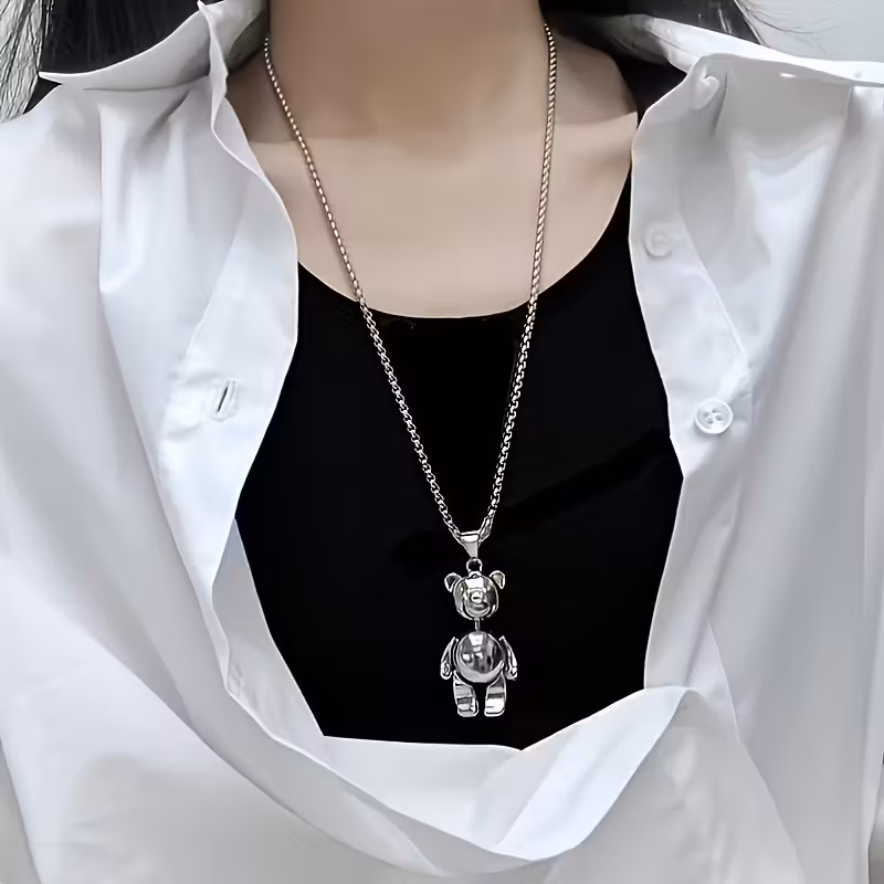new cute bear pendant necklace stainless steel 70cm long chain suitable for women and mens daily wear classic pendant little bear movable design suitable for daily holiday gifts for her Product details 2