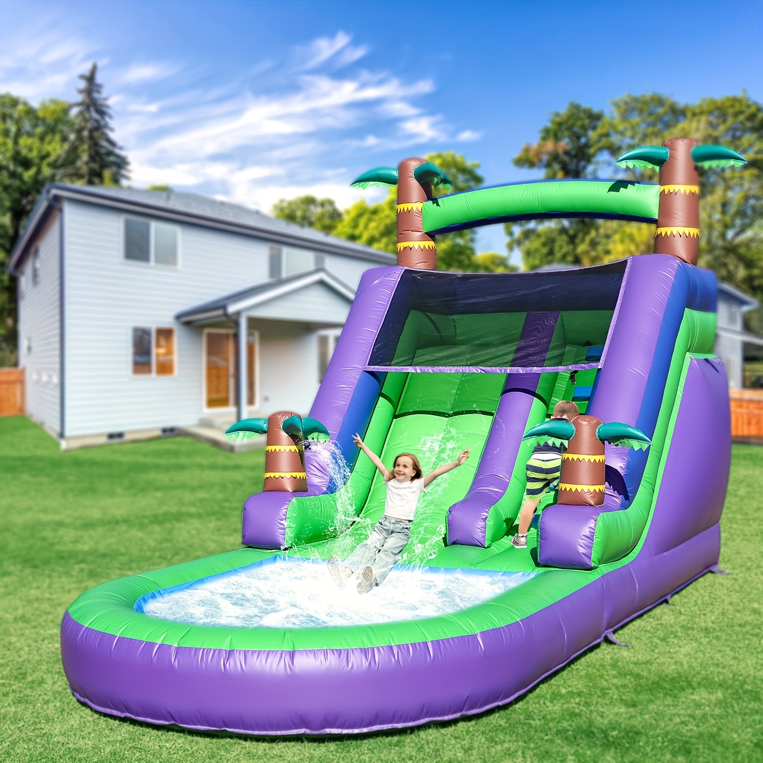 Inflatable Water Park with Slides Climbing Wall, Blower- Backyard  Bounce House for *'s Birthday Parties Outdoor Fu