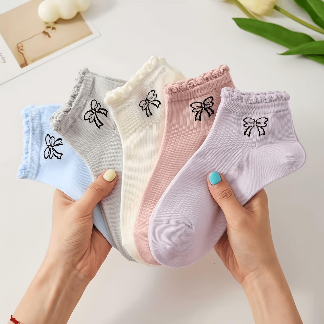 TEMU 5 Pairs Of Lace Bow Short Socks That Are Soft, Comfortable, And Versatile