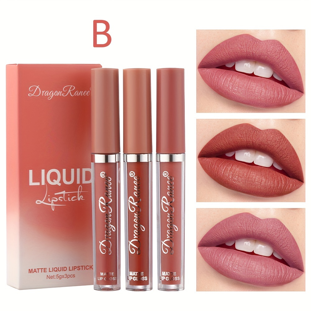 Image of Matte Mist Lip Gloss Lip Glaze 3pcs Set Lip Gloss Does Not Fade Lip Gloss Set European And American Nude Color Cup Lipstick Lip Gloss Easy To Color Nude Color Lip Gloss Set