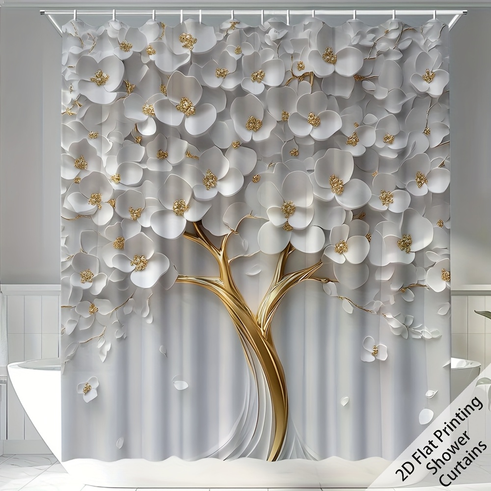 2d Flat, 2d Flat, 1pc, 2d Flat Printing Artistic White Flowers Shower Curtains, Bathroom Curtains, Cartoon Cute Home Decoration Bath Curtain With 12 Hooks Suit For Bathtub