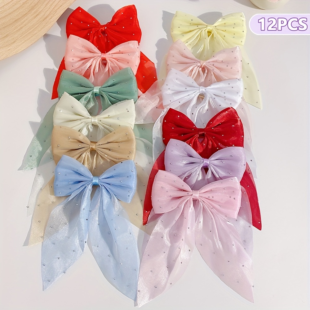 

12pcs Preppy Set - Polyester Bow Barrettes Rhinestones, All- Accessories For Women Over 15 Years Old, Assorted