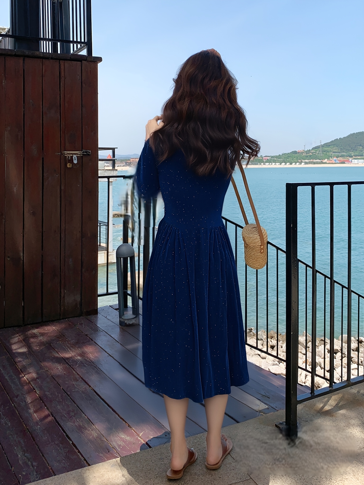 green emerald velvet dress Navy Side Slit Maxi Dress - Hand Beaded Cotton with UPF 50+