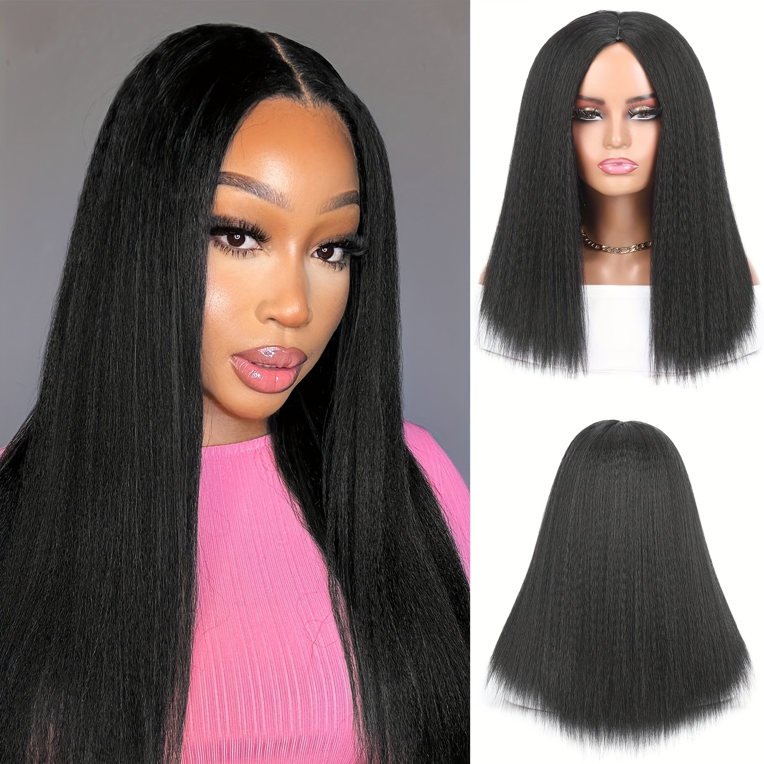 Synthetic Yaki Straight Wig Women Black Wig Straight - Temu