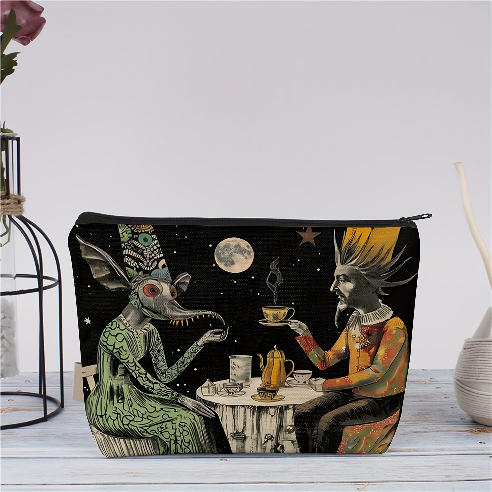 art deco inspired canvas makeup bag whimsical tea party Temu New
