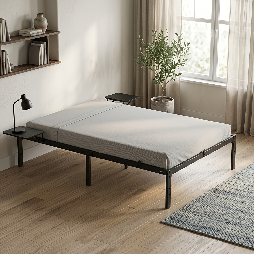 Image of Metal Bed Frame With 2 Shelves, Quiet Single Bed Platform With Storage Headboard, Heavy Duty Steel Mattress Foundation For Bedroom, Noise-reducing Design With Underbed Storage Space, Black