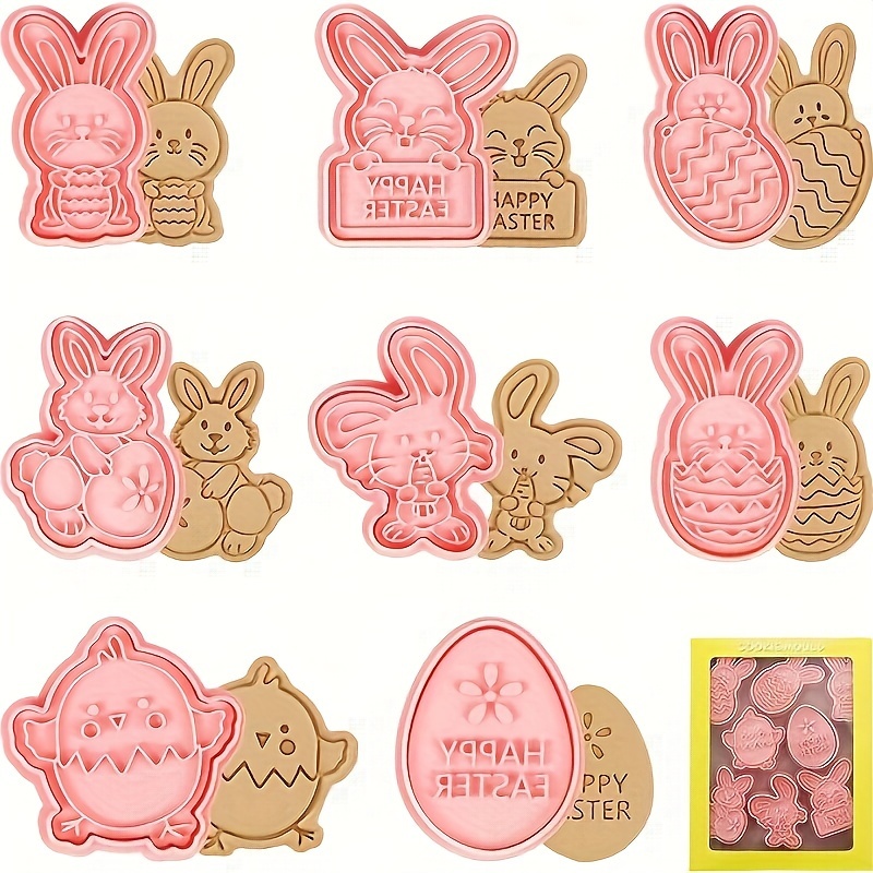 

8pcs Easter Bunny Set, Plastic 3d Cartoon Rabbit Biscuit Press Molds, Cake Decorating Fondant Tools, With & Chick Shapes, For Baking Biscuits, Spring Accessories