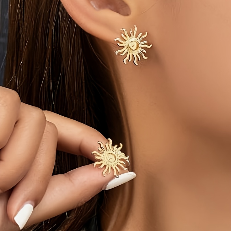 TEMU 2pcs Easy And Stylish Sun-shaped Earrings, Stainless Steel Jewelry, Women's Fashion Sunflower Earrings, Suitable For Parties And Daily Wear,
