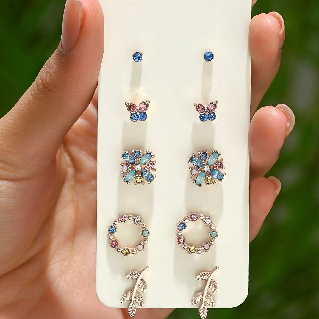 TEMU 5 Pairs/set Fashionable Elegant Replaceable Colorful Rhinestones, Rings, Leaf Earrings Set Earring Set Alloy Jewelry Accessories Daily Party