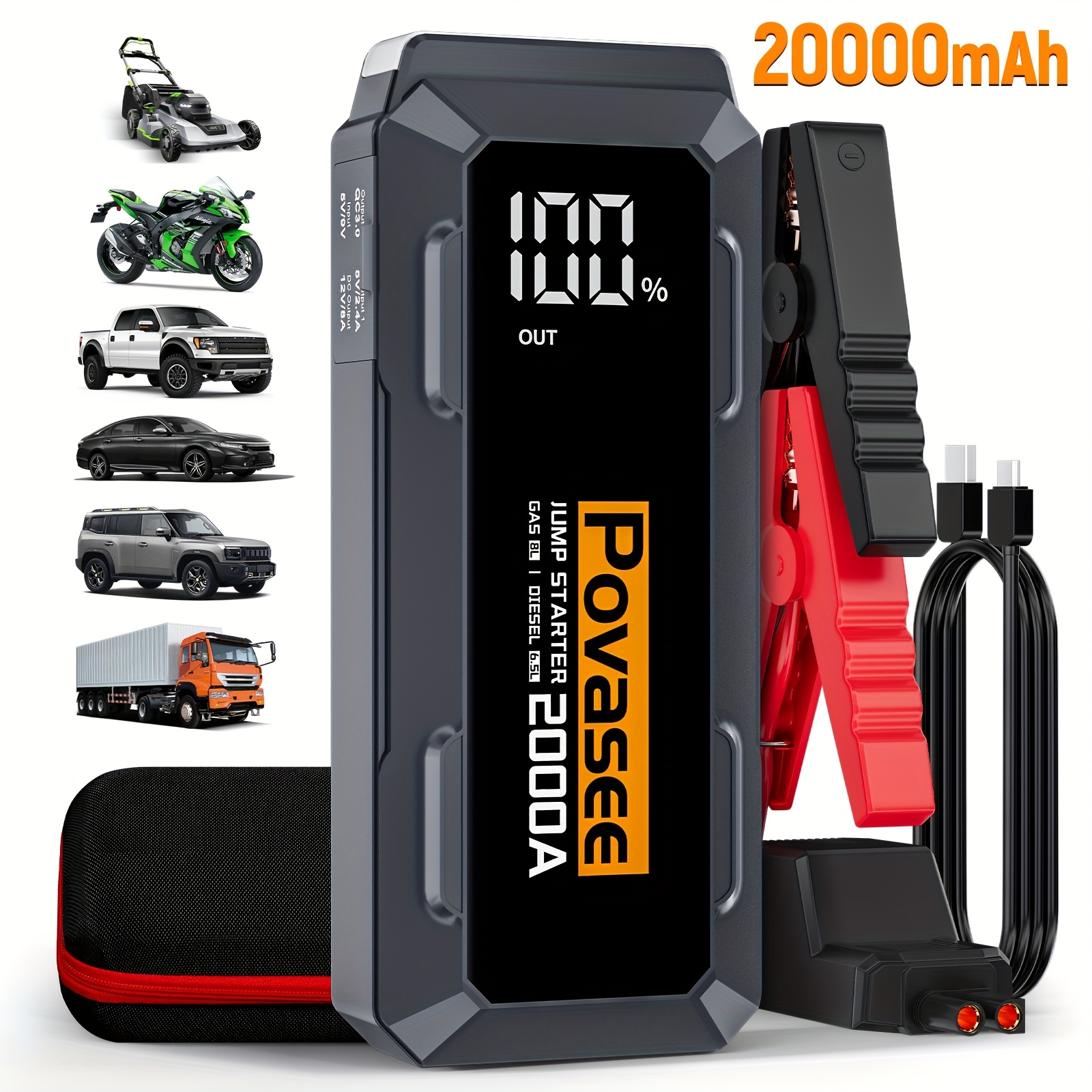 Avviatore Batteria Auto Portatile 7000A | Per Auto, Moto, Barche | Fino A 8.0L Benzina / 6.0L Diesel | Torcia LED E Power Bank USB