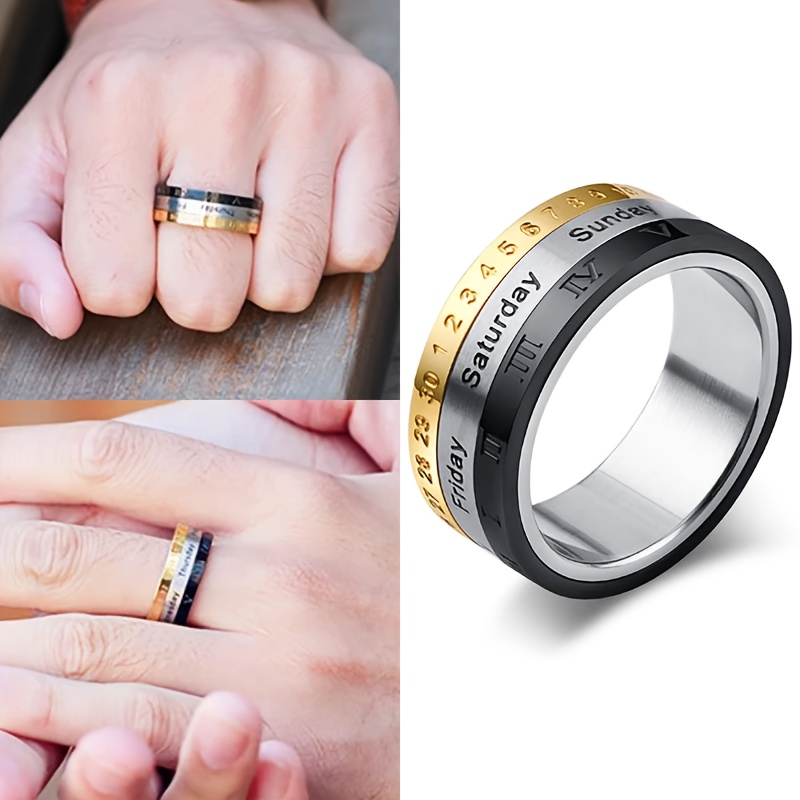 1 titanium 304l stainless   style rotatable date time calendar ring with roman   black and golden anxiety decompression jewelry mens casual dress and holiday gifts christmas thanksgiving carnival Product details 4