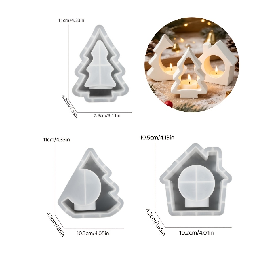 TEMU Clay Silicone Mold 3pcs Christmas Tree Candle Holder And House Candle Holder Set Decoration Mold Suitable For Making Dropper Gypsum Candles,