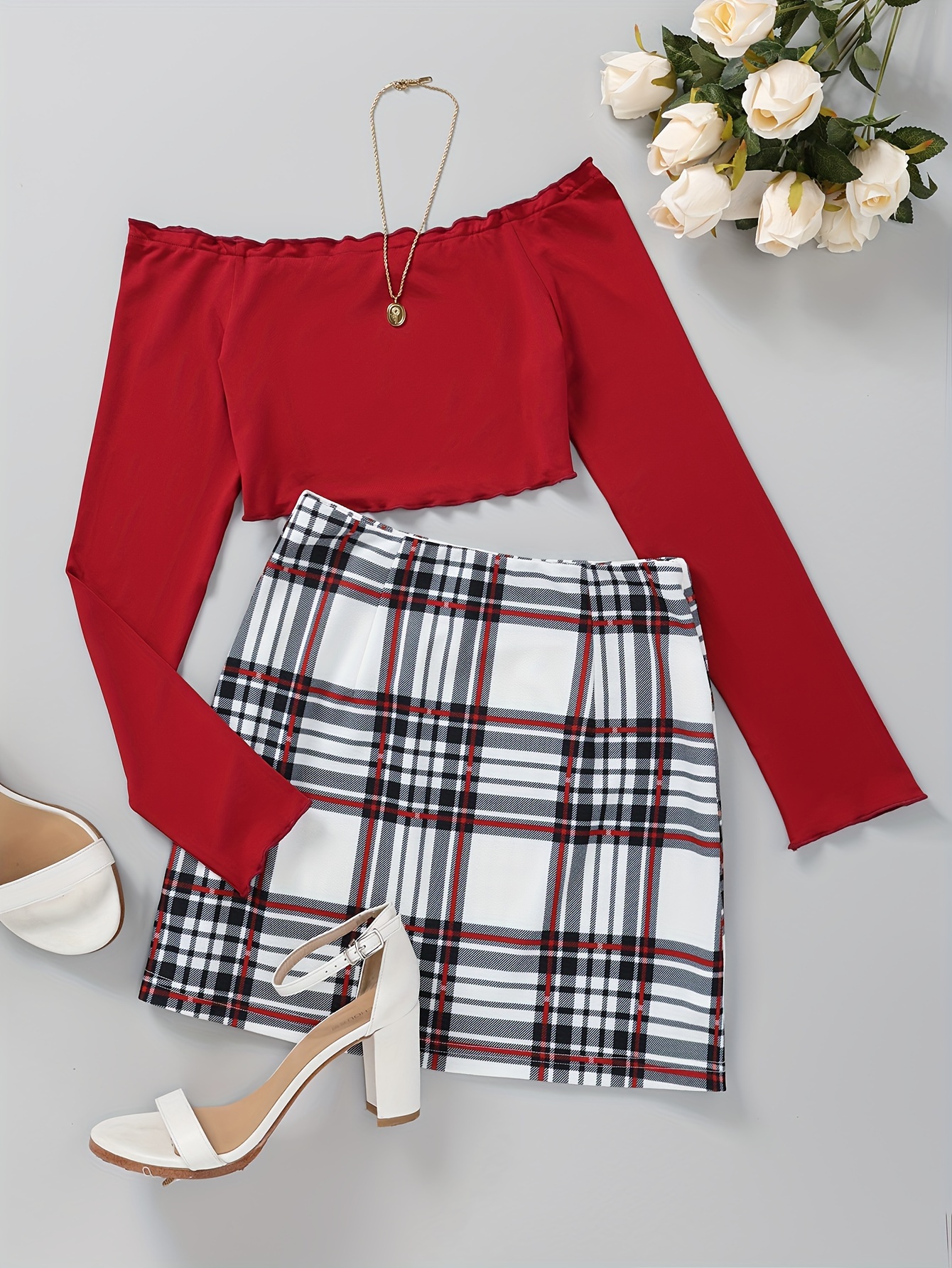 Blusa Corta Conjunto De Top Y Falda De Cuadros Juego Piezas