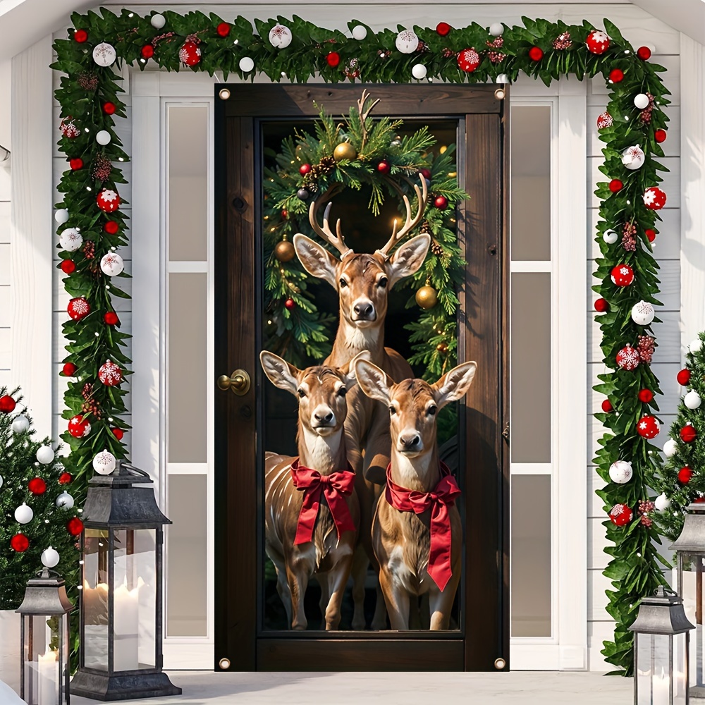 

1pc Christmas Sika Deer Door Banner For Porch And Indoor Festivities, Durable Polyester, Non-electrical, Vibrant Carnival Theme, Ideal For Christmas And New Year Party Decorations