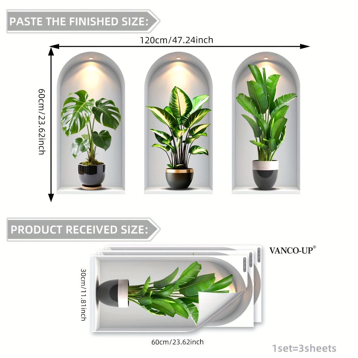 Image of 2d Flat, 1 Set Of 3pcs Simulated Potted Plant Leaves Triptych Self-adhesive Flat Wall Stickers Home Decoration Decorative Stickers Bedroom Living Room Sofa Entrance Background Decoration