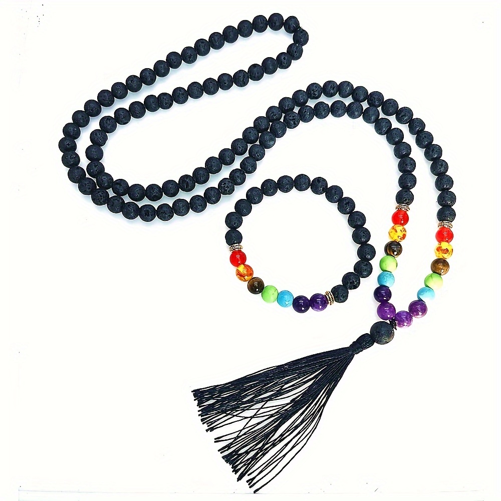 8mm Black Lava Stone 7 Chakra 108 Mala Beaded Necklace Meditation Yoga  Prayer Jewelry Set Japamala Rosary