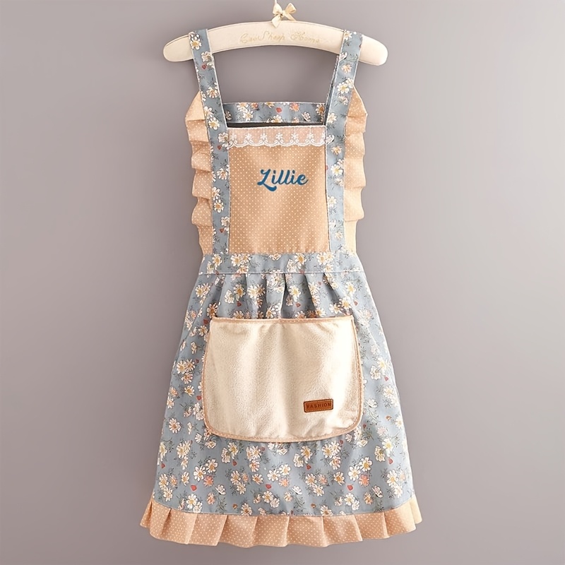 TEMU Personalized Text Princess Apron, Pink And Blue, Elegant Women's Apron With Ruffle Trim, Wipeable Pocket, Suitable For Home, Women's Work